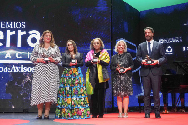 Snapshot from the TERRA awards ceremony. From the left are Ms. Clara Martín (Group of World Heritage Cities, Spain), Ms. G. Rodríguez Miceli (Pre-Hispanic City and National Park of Palenque, Mexico), Ms. A. Maria Cogorno (María Reiche International Association for Art & Science, Peru), Ms V. Eleftheriou (Acropolis Restoration Service, Greece) and Mr J. Omenaca Martinez (Stonehenge, Great Britain).